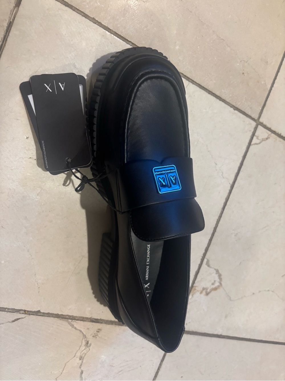 Armani Exchange Black Leather Penny Loafers with AX Plaque